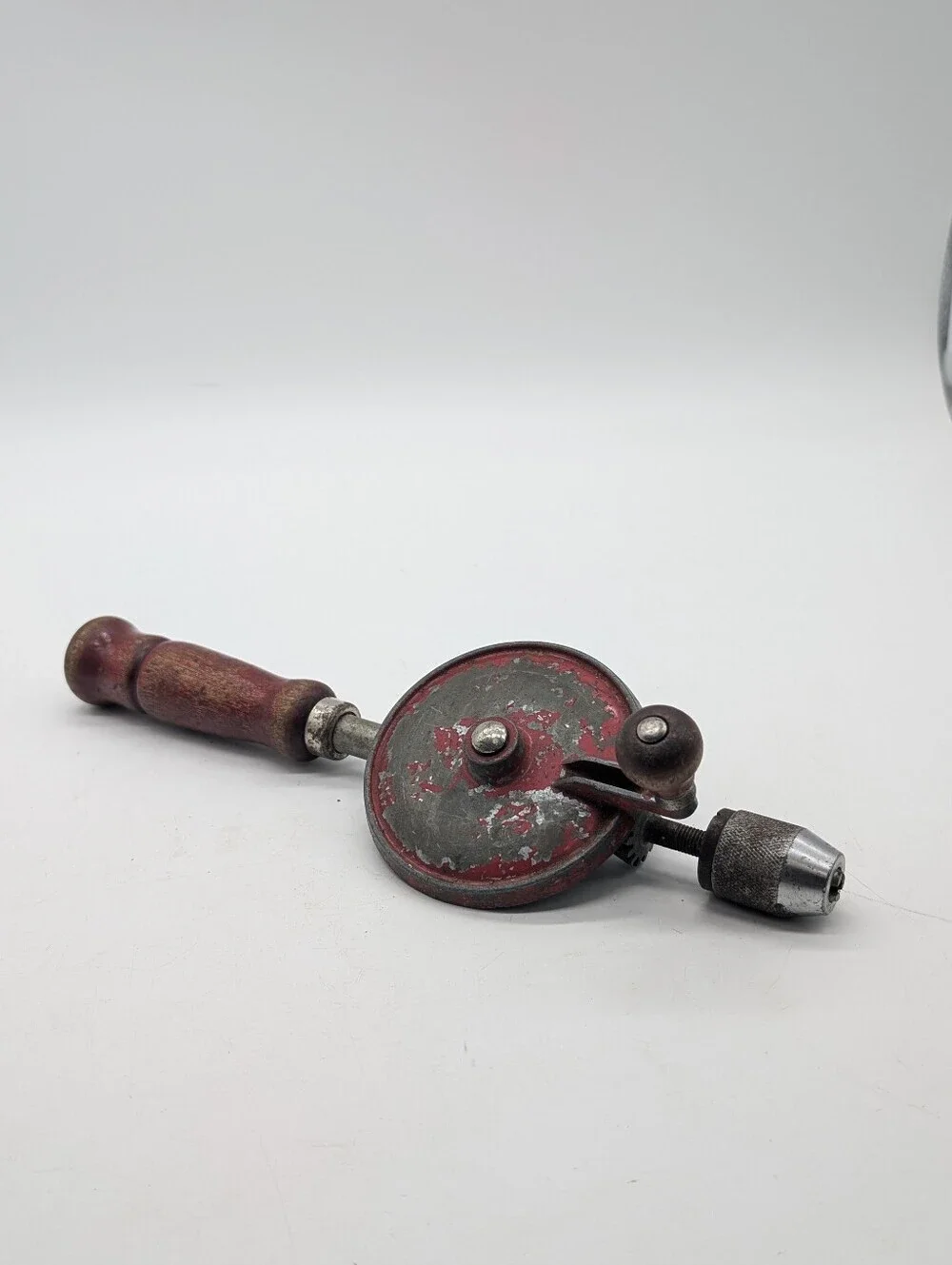 Vintage Red Eggbeater Hand Drill - Antique Manual Crank Woodworking Tool, Rustic